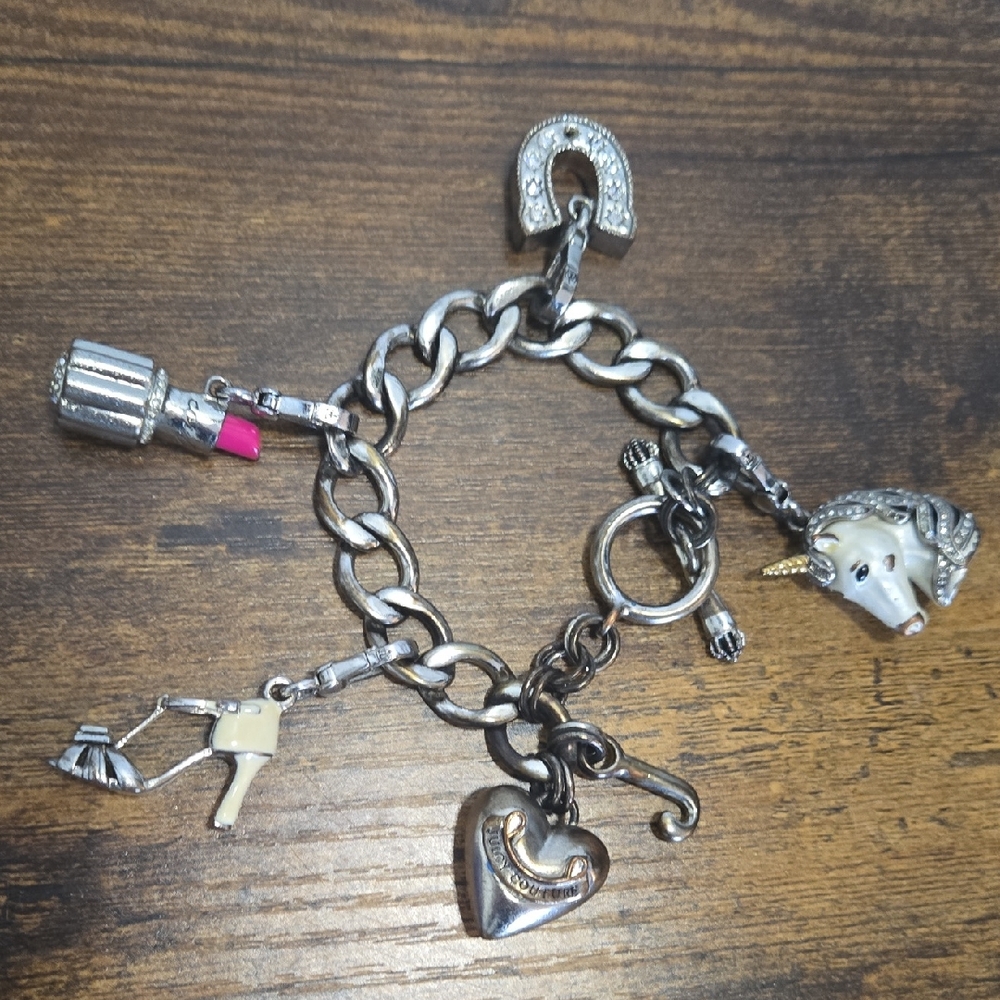 Juicy Couture Silver Bracelet with Pink and Gold Charms Y2K OG MILLENIAL CHARMS